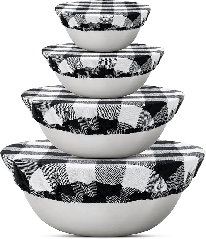 Reusable Elastic Bowl Covers - 100% Cotton Fabric Bowl Covers Set for Sourdough Bread and Mixing Bowls to Cover Dough, Fruits, Vegetables and Regulate Moisture (Black Plaid, 1XL, 1L, 1M, 1S)