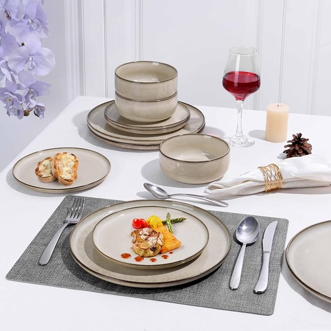 Herogo Stoneware Plates and Bowls Sets for 6, 18 Pieces Modern Round Dinnerware, Reactive Glaze Dishes Set for Kitchen, Chip Resistant, Microwave & Dishwasher Safe, Cream Khaki