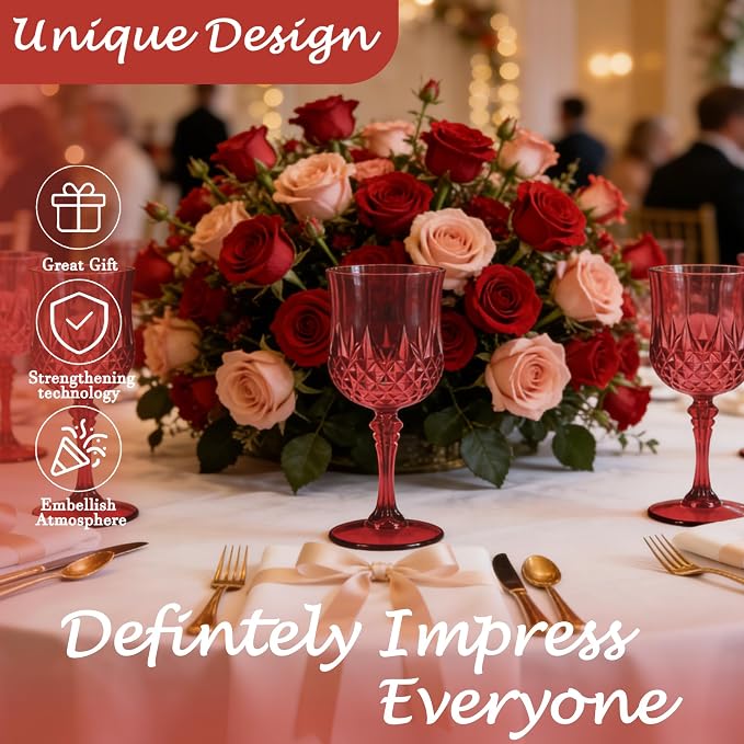 Plastic Wine Glasses, Plastic Goblets Vintage Style Cordial Unbreakable Drinking Glasses, Reusable Drinkware for Wedding Reception, Grand Event Party Supplies (12, Burgundy)
