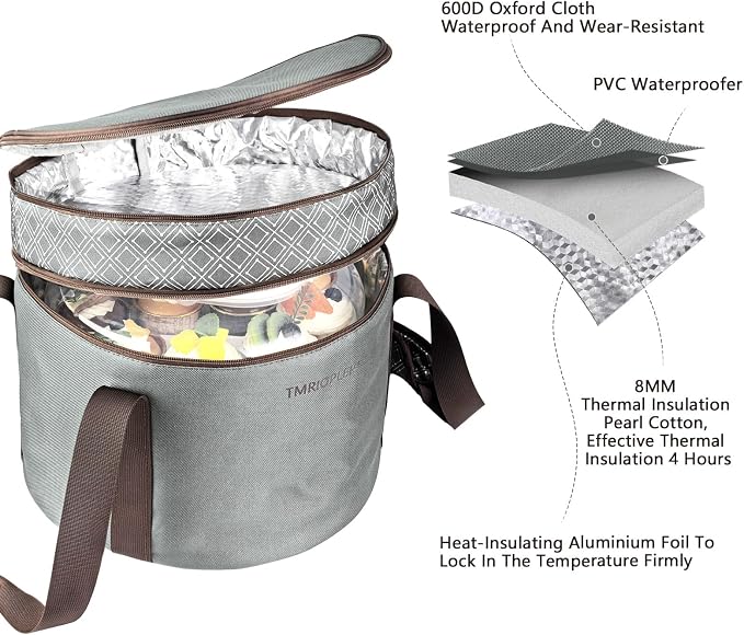 2 Pack Pie Carrier with Lids and Handles, Loadable Cupcake or Pizza Storage Containers, Includes Insulated Bags and Insulated Non-Slip Pads, Perfect for Transportation (Grey)
