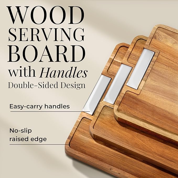 Acacia Wood Cutting Board Set with Holder – 4 Piece Wooden Cutting Board Set with Stand – Reversible Charcuterie Tray with Juice Grooves and Silver Handles – Stylish Kitchen Gift