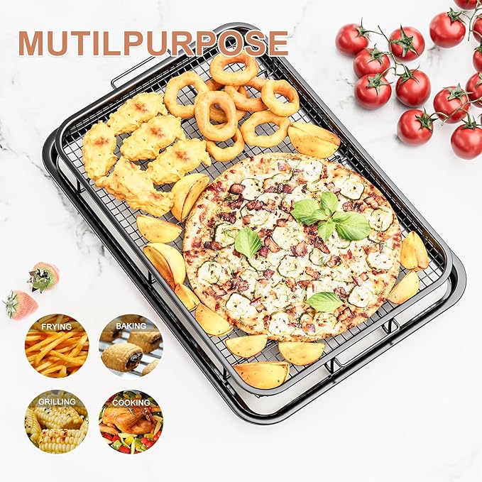Air Fryer Basket for Oven, Large14.88"×10.98"Air Fryer Pans for Convection Oven with 30 Sheet Parchment Papers, THORSES Non-Stick Stainless Steel Air Fryer Basket and Tray for Multi Cooking - Black