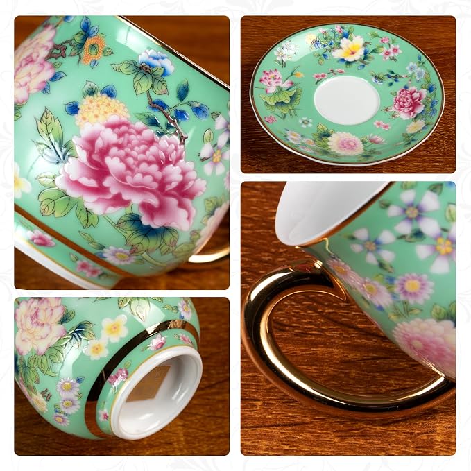 KAMMAK Tea Cups and Saucers Set of 2, Porcelain Coffee Cups, 7.1oz Stackable Espresso Mugs, Ceramic Demitasse for Coffee, Latte, Americano, Tea (942N+944N)