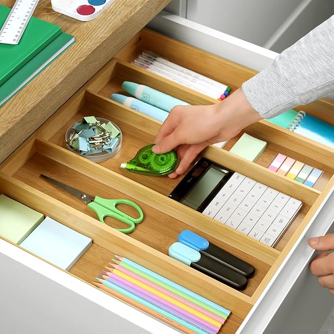 ROYAL CRAFT WOOD Luxury Bamboo Kitchen Drawer Organizer - Silverware Organizer - Utensil Holder and Cutlery Tray with Grooved Drawer Dividers for Flatware and Kitchen Utensils (5 Slot, Natural)