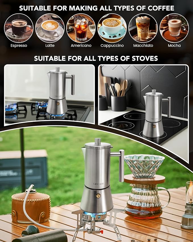 Moka Pot Stainless Steel 6Cup/10oz Stovetop Espresso Maker | Brushed，Cuban and Italian Coffee Maker, Cafetera Cubana, Greca De Cafe, Induction Stovetop Compatible