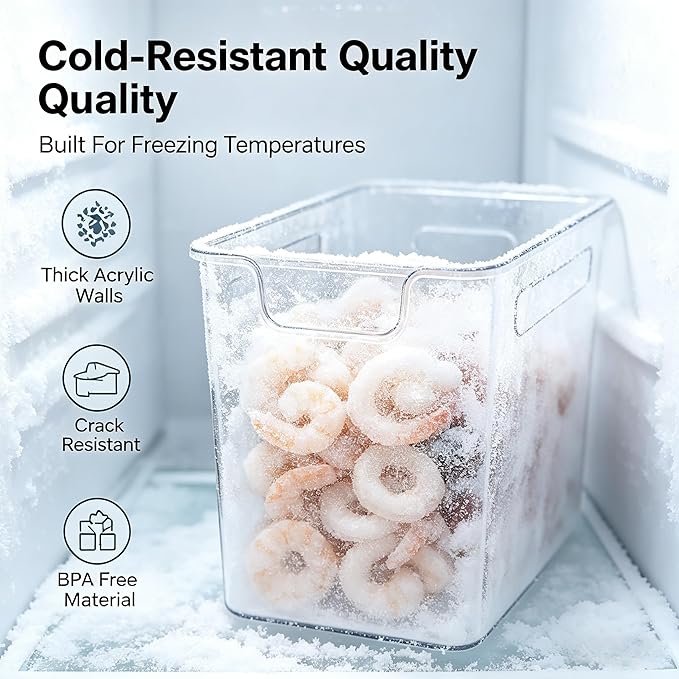 Clear Plastic Freezer Storage Bins, 4 Pack Stackable Refrigerator Organizer Containers with Handles for Meat, Veggies, and Pantry (4PSSmall Size)