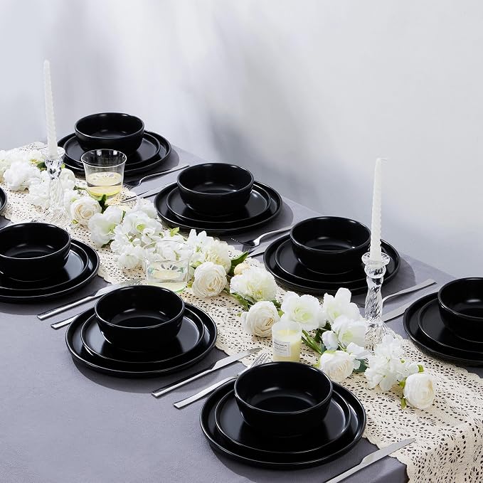 LIANYU 16 Piece Dinnerware Sets with Double Bowls for 4, Modern Ceramic Plates and Bowls Set, Kitchen Round Dinning Ware Dishware Set, Microwave and Dishwasher Safe, Black Onyx
