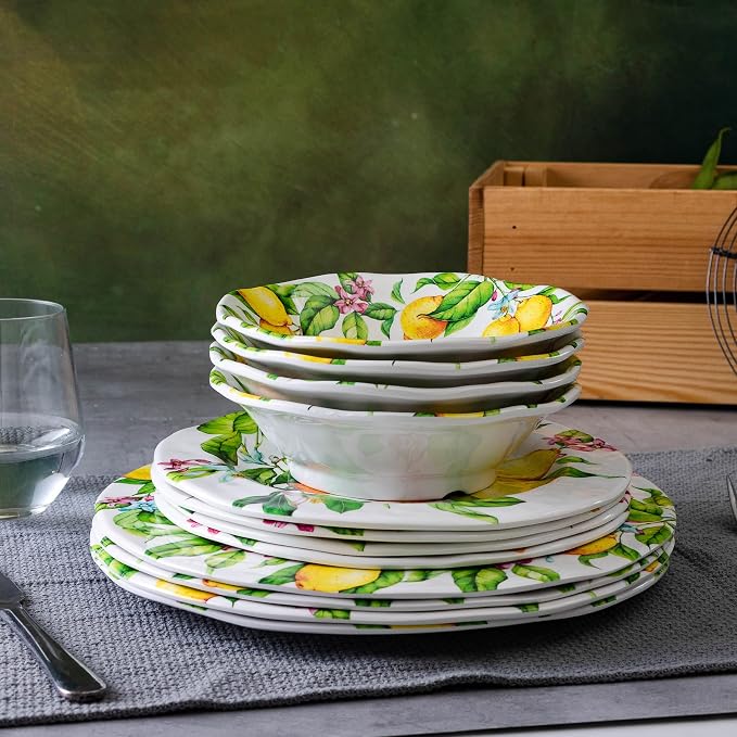LEHAHA Lemon Melamine Dinnerware Dish Set – 12 Piece Indoor and Outdoor Plates and Bowls Sets for Everyday Use, Dishwasher Safe, Unbreakable Kitchen Dinner Set, Service for 4…