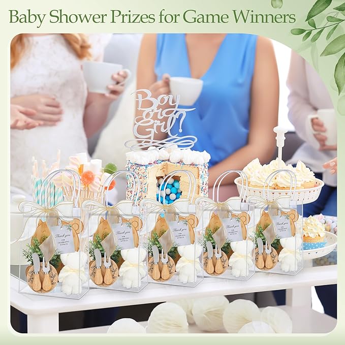 Honeydak 49 Pcs Bear Baby Shower Prizes for Game Players 6 Sets Bear Shaped Bamboo Cheese Board Fork Knives Coasters Towel Potted Plant Thanks Card Gift Bag for Baby Bridal Shower Wedding Favors