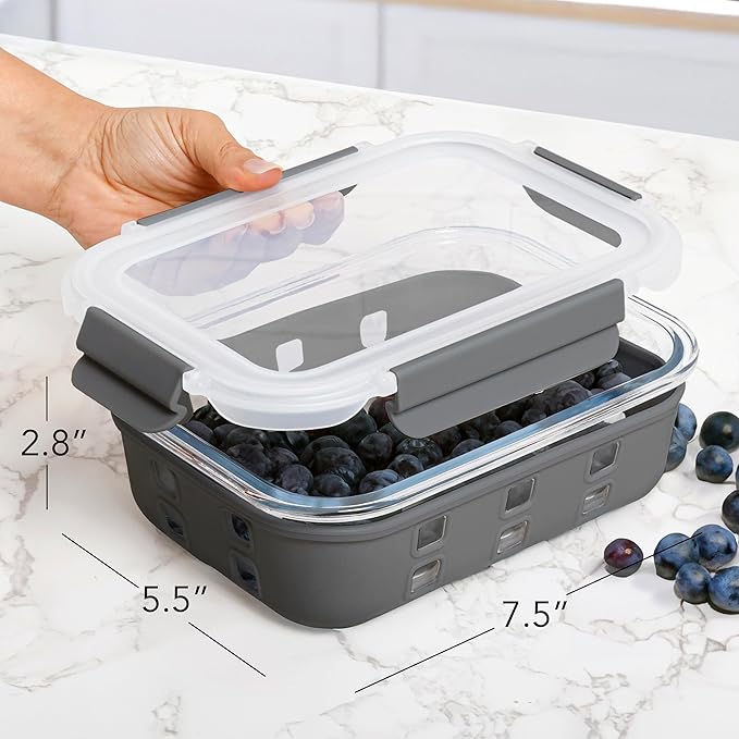 ECOBERI 4.5 Cup Glass Meal Prep Containers with Lids & Silicone Sleeves, 5-Pack Airtight, Leak-Resistant Food Storage Containers for Fridge, Freezer, Oven & Microwave