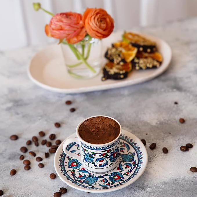Turkish Coffee Cup Set of 6 with Saucers & Holder – Ceramic, Dishwasher-Safe, Keeps Warm – Patterned Turkish Espresso Cups Set for Home & Office (Set Of 6)