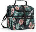 PBRO Double Deck Insulated Lunch Bag for Women,Large Reusable Lunch Box with Adjustable Shoulder Belt,Side Pockets,Cute Tropic Leaves Leakproof Lunch Tote Cooler Bag for Adult Picnic,Working -Green