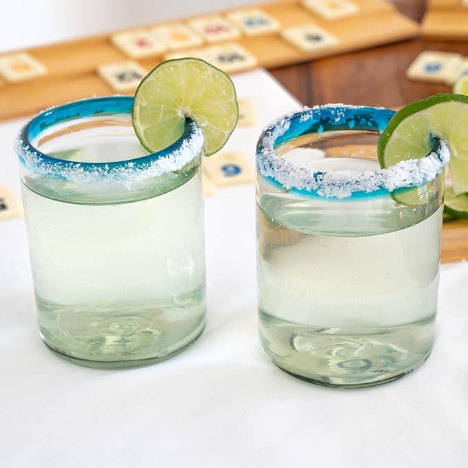 Aqua Blue Rim Hand Blown Tumbler Glasses Set of 6 | 10 oz Mexican Glassware | Recycled Glass | Hand Blown Mexican Drinking Glasses for Cocktails, Wine & Tequila