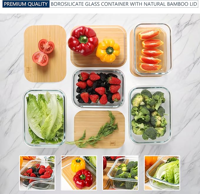 DE Glass Food Storage Containers with Bamboo Lids, (4, Pack 2 x 35oz & 2 x 51oz) Pack Meal Prep Glass Containers Safe for Microwave, Oven, Freezer and Dishwasher, BPA Free