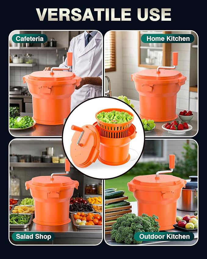 WantJoin Commercial Salad Spinner - 2 Gallon Salad Dryer w/Silicone Anti-slip Mat & Draining Hose, 10Qt Manual Salad Spinner for 3 Heads of Lettuce Spinner Large for Catering