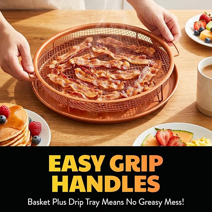 GOTHAM STEEL 2 Piece Copper Air Fryer Tray, Non Stick Air Fry Crisper Baskets for Air Fryers, Oven and Dishwasher Safe, Round Pizza & Bake Pan Frying, PFOA and PFOS Free, Durable & ScratchProof