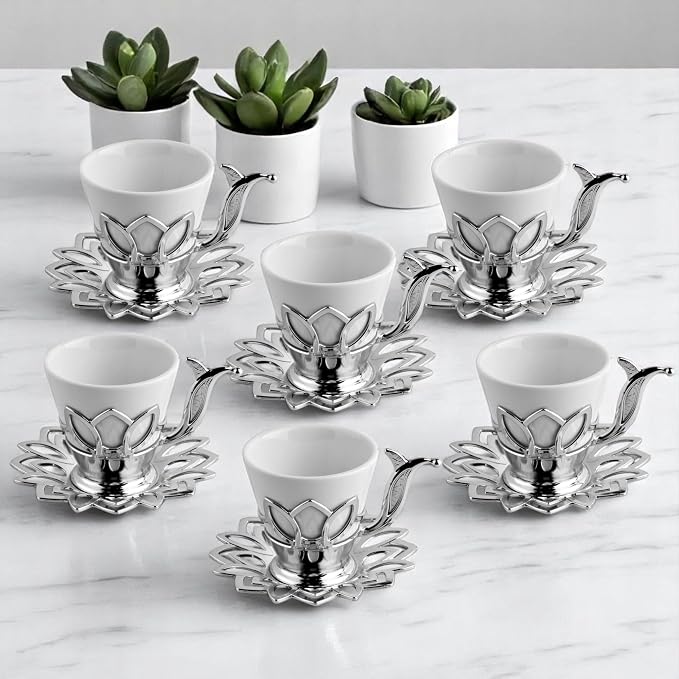 Alisveristime (Set of 6) Turkish Coffee Set with Porcelain Cups, Zamac Holders & Saucers – 80ml Capacity, Ottoman Motif, 4 Color Options (Silver)