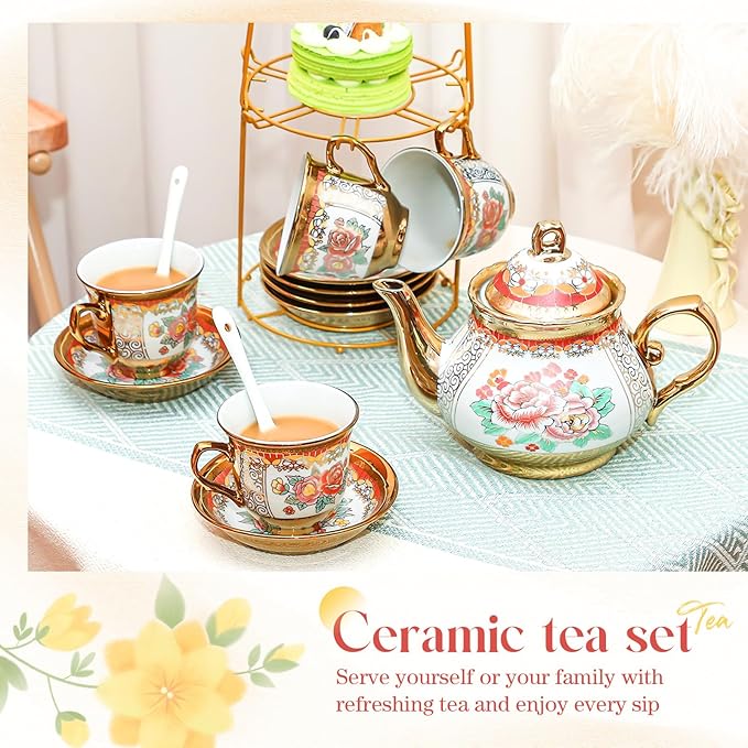 20 Pcs Porcelain Tea Set for Adults with Metal Holder and Spoon European Ceramic Tea Party Set Flower Painting Teapot Cup Saucer for Women Gift, Serving 6 People(Classic)