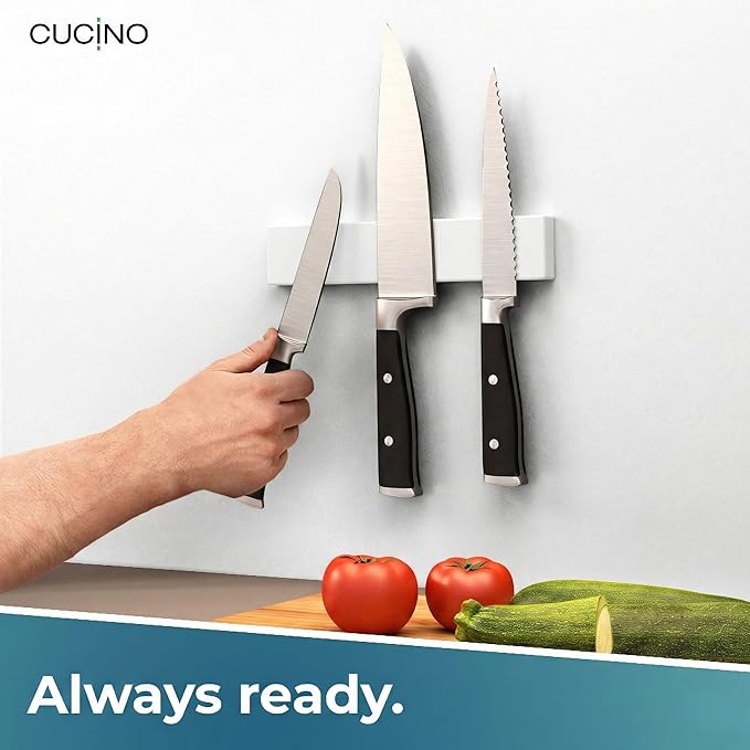 CUCINO Magnetic Knife Holder for wall, 10" no drilling required, includes self-adhesive tape, extra strong for holding knives – Awarded magnet strip – White Rubber