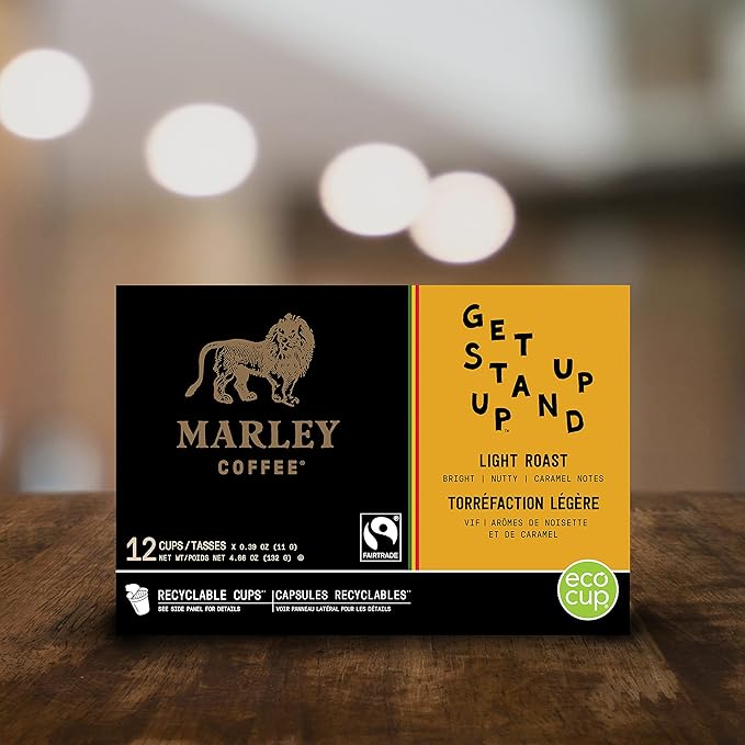 Marley Coffee Get Up Stand Up, Fairtrade Certified, Light Roast Coffee, Keurig K-Cup Brewer Compatible Pods, 12 Count (Pack of 6)