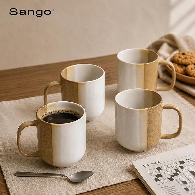 SANGO Phoebe Caramel/White Coffee Mugs Set of 4, 15 oz Stoneware Coffee Mug Set, Big Glossy Ceramic Tea Cup for Cappuccino, Latte, Cocoa, Large Coffee Cups with Handle, Microwave & Dishwasher Safe