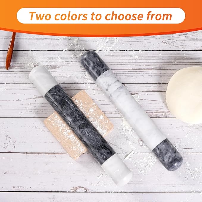 Tianman French Marble Rolling Pin.12 Inchs Marble Rolling Pin for Baking With Wooden Base Holder Stand-Non-Stick Baking Roller for Baking Fondant, Pizza,Cookies,Crust,Pasta(Black-White-Blakc)