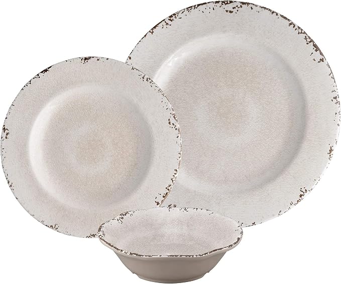 UPware 12 Piece Crackle Melamine Dinnerware Sets, Outdoor Dishes Set, Plates and Bowls Sets, Service for 4, Cream