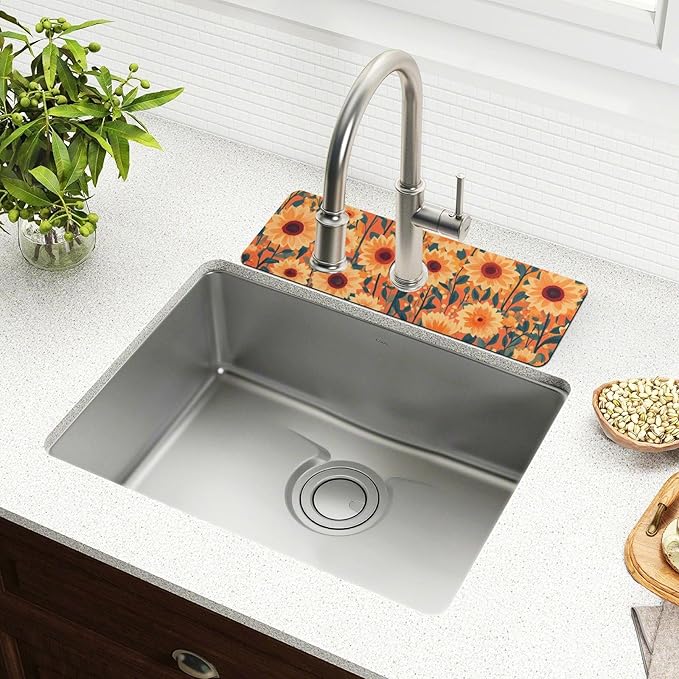 Kitchen Sink Splash Guard 1 PC 30 Inch Sink Faucet Mat Splash Guard for Bathroom Countertop Water Absorbent Foldable Cuttable Soft Washable Orange Sunflowers and Poppy Flowers