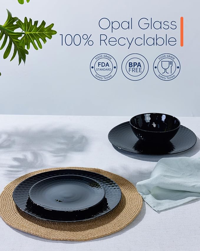LaGlint Dinnerware Sets for 6, Light & Durable 18 Pieces Opal Glass Plates and Bowls Set, Dishwasher and Microwave Safe Ribbed Dish Dinning Ware, Thin but Strong Geometric Faceted Black