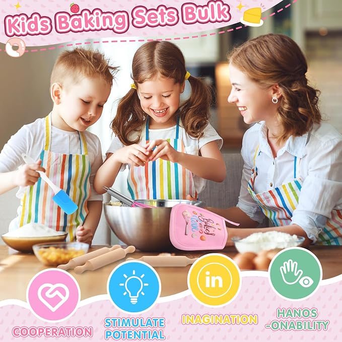RoundFunny 24 Pcs Kids Mini Baking Supplies with Kitchen Utensil, Pot Holders, Spatula, Rolling Pin, Whisk for Kids Classroom School Exchange Party Favors (Small)