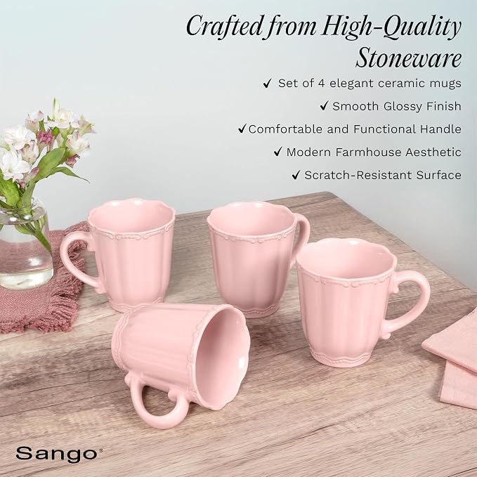 SANGO Bethany Pink Mugs Set of 4, 15 oz Stoneware Pink Coffee Mugs, Vibrant Ceramic Drinkware for Coffee, Tea or Cocoa, Durable Everyday Cups, Dishwasher & Microwave Safe, Kitchen Mug Set