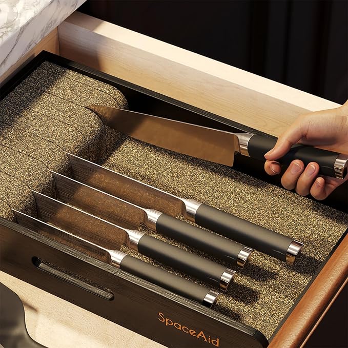 SpaceAid Knife Drawer Organizer 9 inches Wide Bamboo Insert Dock, Kitchen Steak Knives Holder Organizers Block for Drawer in Storage Organization (Medium, Black)