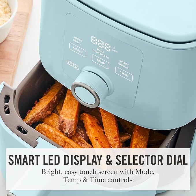 Martha Stewart 6QT Air Fryer, 6-in-1, Bake, Broil, Roast, Air Fry, Dehydrate, Reheat, Ceramic Non-Stick Basket, Crispy Results Fast, 400°F Max Temp, Shake Reminder, Auto Shut-Off, Sky Blue