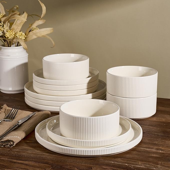 12-Piece Plates and Bowls Set, Porcelain Dinnerware Sets for 4 Service, Modern Dish Set-Chip and Scratch Resistant, Dishwasher & Microwave Safe, Creamy White