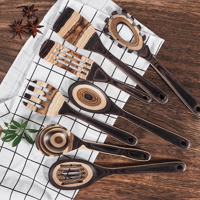 MYRAINBOW Wooden Spoons for Cooking, 7 Piece Pakkawood Kitchen Utensils Set with Spatulas, Spoons, Ladles, and Turner for Mixing, Serving & Cooking