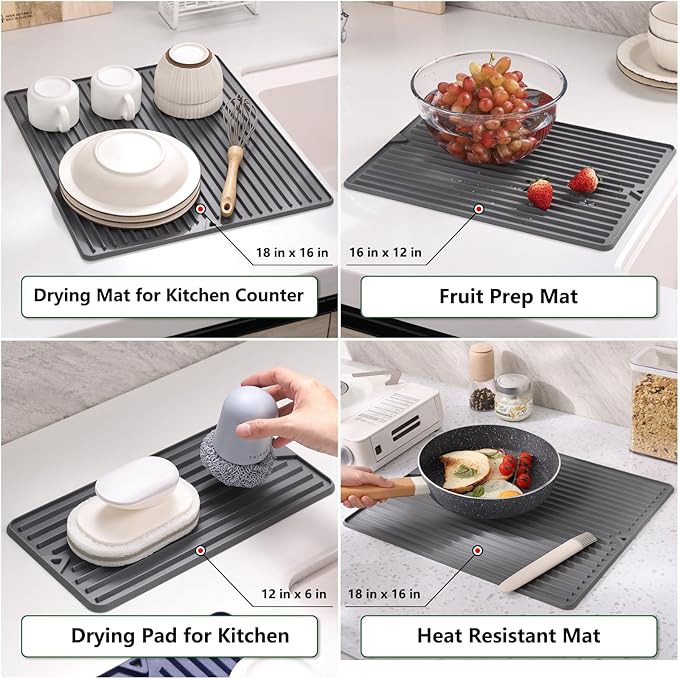 Silicone Dish Drying Mat, 16 x 18-inch Large Drying Mat for Kitchen Counter | Thicker Silicone Dish Drainer Pad for Countertop, Sink, Refrigerator or Drawer liner | Soft & Heat Resistant