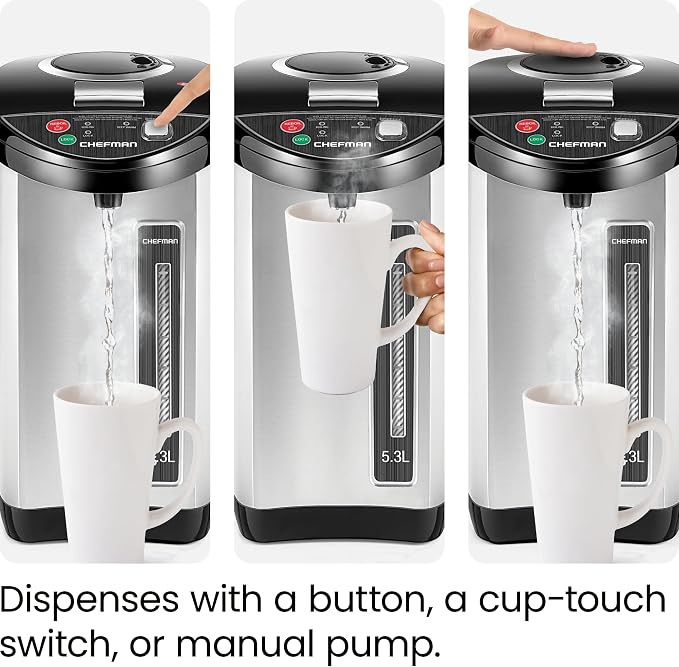 Chefman Electric Hot Water Pot Urn w/Auto & Manual Dispense Buttons, Safety Lock, Instant Heating for Coffee & Tea, Auto-Shutoff & Boil Dry Protection, Insulated Stainless Steel, 3.6L/3.8 Qt/20+ Cups