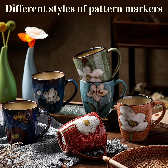 Maxdot 6 Pcs 12oz Ceramic Coffee Mugs Sets Glazing Process Cappuccino Mug Floral Ceramic Tea Cups Idea Gift Set for Women Porcelain Cup for Coffee, Cocoa, Tea, Latte (Retro) (Retro)