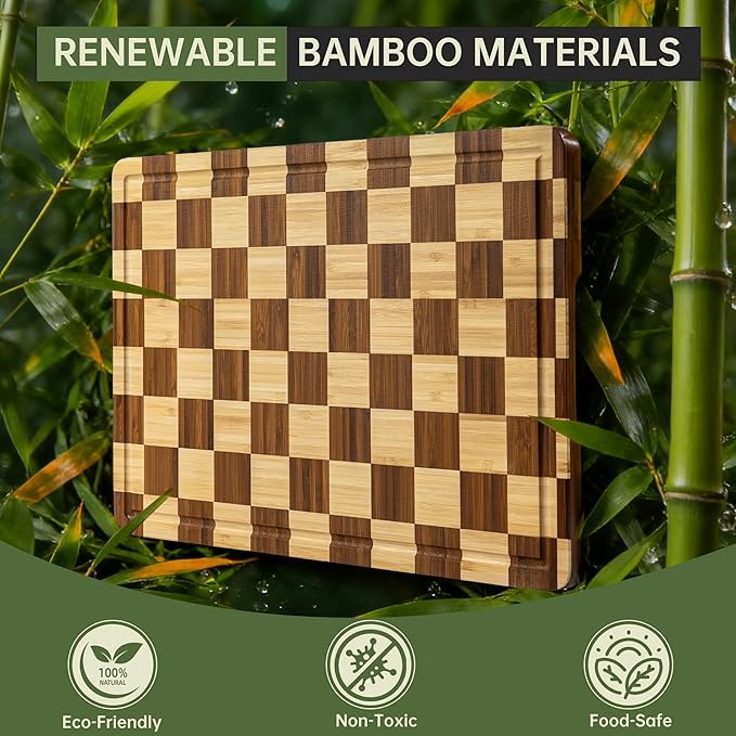 THETCHRY Bamboo Cutting Boards for Kitchen, Checkered Wooden Cutting Board with Juice Groove, Non Slip, Non Toxic Serving Tray, Thick Large Chopping Board Gift for Home Chef, 16.5” x 11.6” x 0.8”
