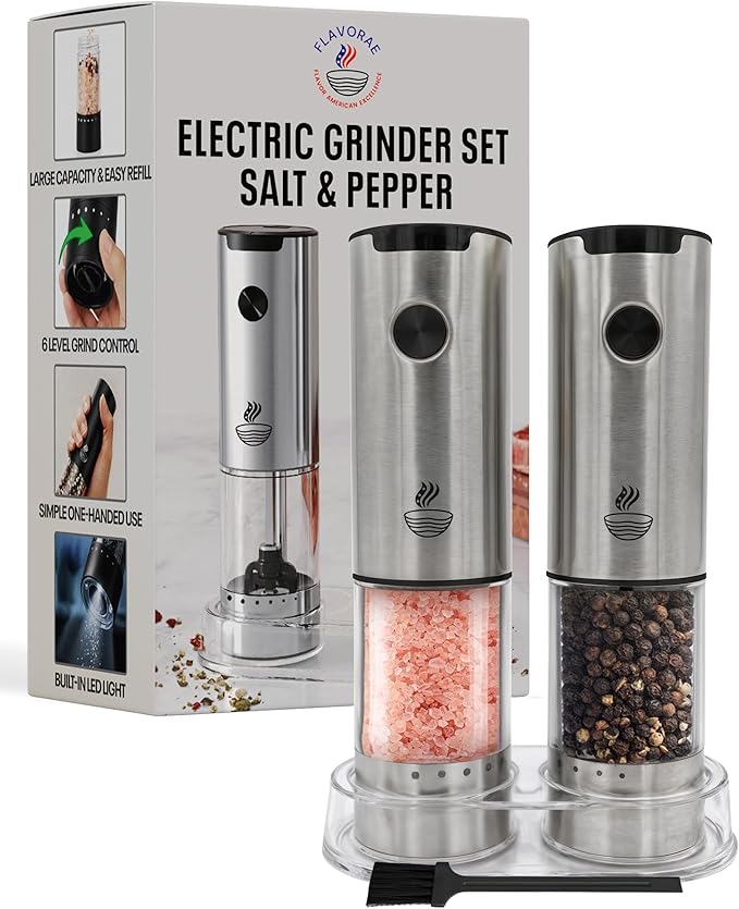 Electric Salt and Pepper Grinder Set - Silver 2 Pack Battery Operated Mills with 95ml Large Capacity, Adjustable Coarseness, Built-in LED Light, Automatic Salt & Pepper Shakers for Kitchen