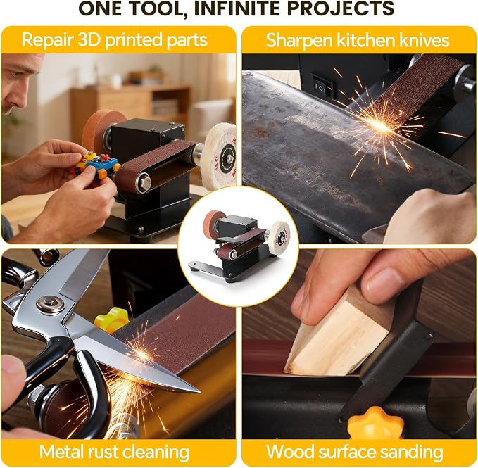 6-In-1 Mini Belt Sander Mini Belt Sander, Electric Small Sander Knife Sharpener Supplies, 7 Adjustable Speed, 795 Motor, Metal Wood DIY Handcraft, Tool & Knife Sharpening (Deluxe Set).