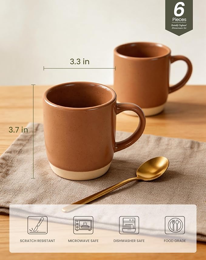 OTAGO Coffee Mugs for 6, 12 oz Mug Set, Partially Unglazed Base,Dringking Cup with Handle for Coffee, Tea, Cocoa, Milk, Brown