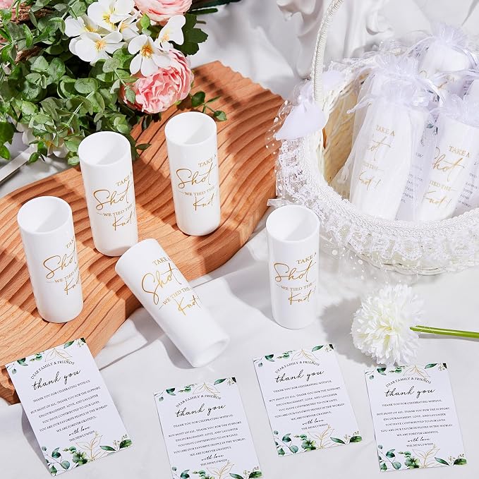 Sliner 100 Set Wedding Favors for Guests Bulk 2oz Acrylic Take a Shot We Tied the Knot Shot Glasses with Thank You Cards Organza Bags for Guest Souvenir Wedding Bridal Shower Gifts (White,Gold)