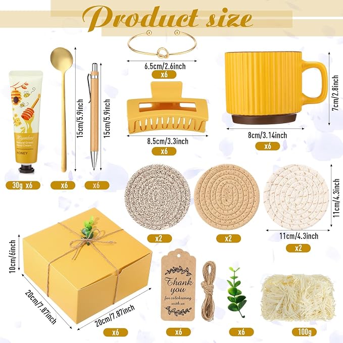 Reallnaive 61 Pcs Baby Shower Prizes for Game Winners Include Ceramic Mug Coaster Hand Cream Pen Spoon Bracelet Hair Clip Card Gift Box with Raffia for Guest Gender Reveal Bridal Shower Party (Yellow)