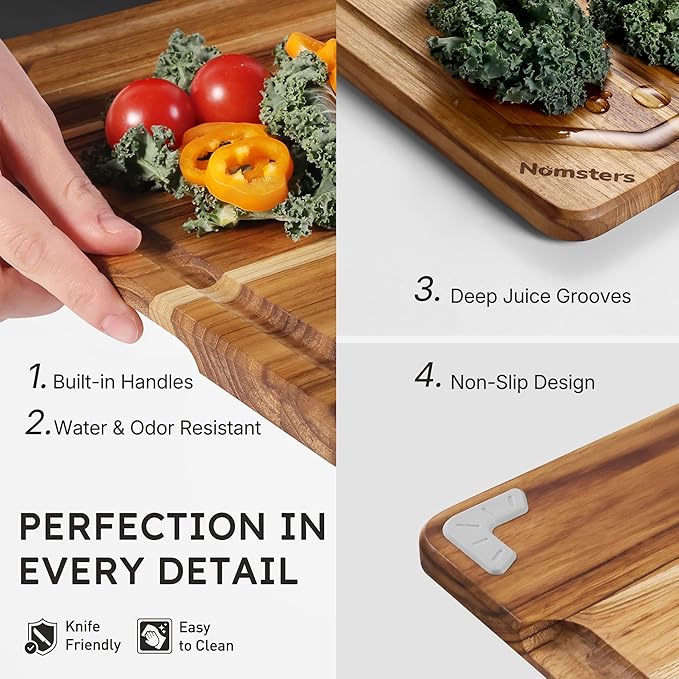 4 Pack Teak Wood Cutting Board Set with Holder Non Slip Over Sink Wooden Chopping Board for Fresh Meat Vegetable Thick Haus Perfect for Charcuterie Juice Groove Holiday Gift Ideas for Men and Women