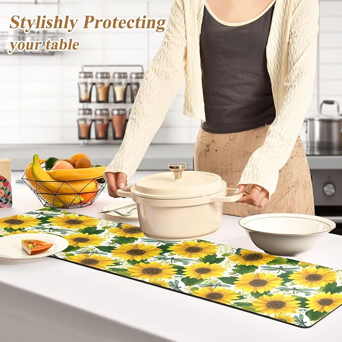 2 in 1 Table Runner Trivet for Hot Pots and Pans Heat Resistant Non Slip Waterproof 39 x 12 Inch Decorative Table Protector for Kitchen Countertop Cute Yellow Sunflowers and Dragonflies