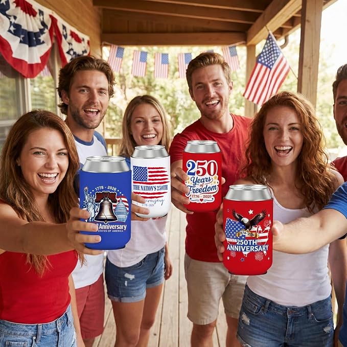 4th of July 250th Anniversary Can Cooler Sleeves 12 Pack American Patriotic Insulated Neoprene Drink Holder for Memorial Day Fourth of July Accessories Party Favors
