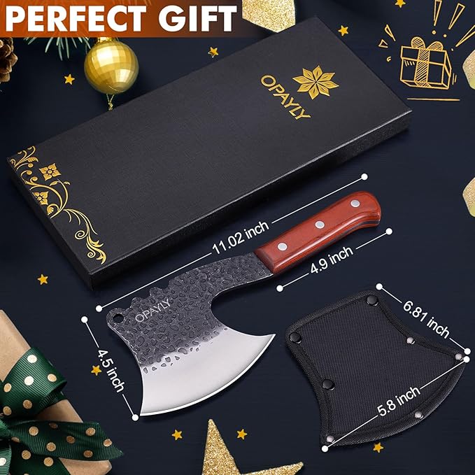 OPAYLY Meat Bone Cleaver Knife Heavy Duty Bone Choppe for Meat Cutting Hand Forged Butcher Axes with Cover cleavers High Carbon meat cleaver for Kitchen Outdoor Camping BBQ gifts for men