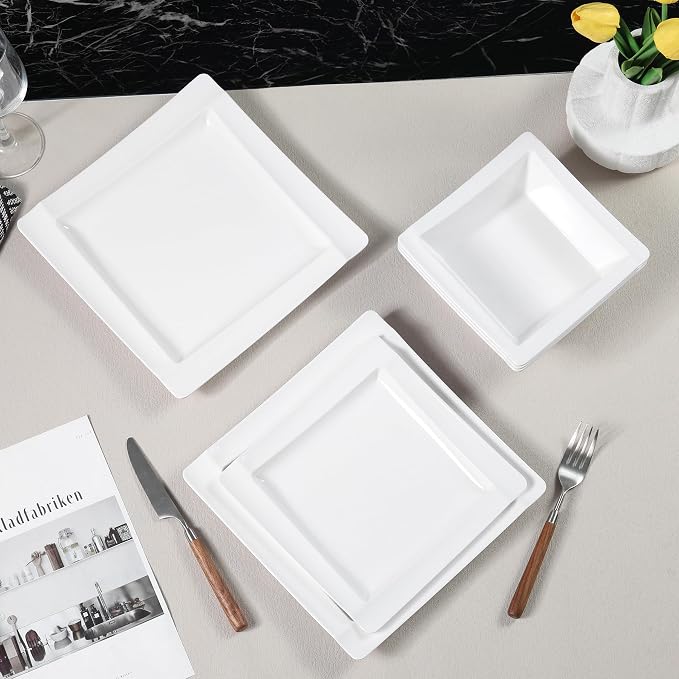 Square Melamine Dinnerware Sets of 12 Pcs,Square Plates and Bowls Sets,Unbreakable Dish Set for 4,Lightweight, Dishwasher Safe and BPA Free,Suit for RV,Camping（White）