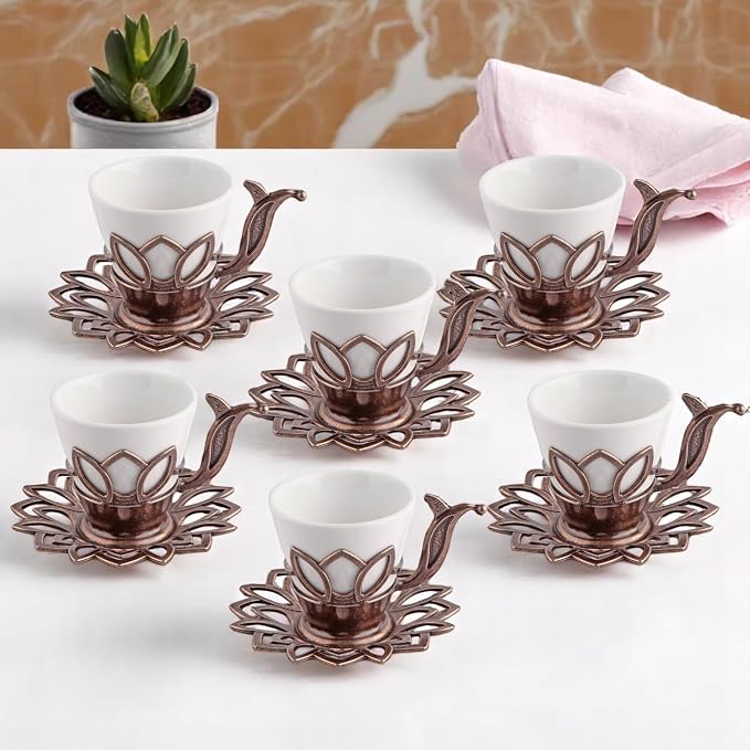 Alisveristime (Set of 6) Turkish Coffee Set with Porcelain Cups, Zamac Holders & Saucers – 80ml Capacity, Ottoman Motif, 4 Color Options (Brown)
